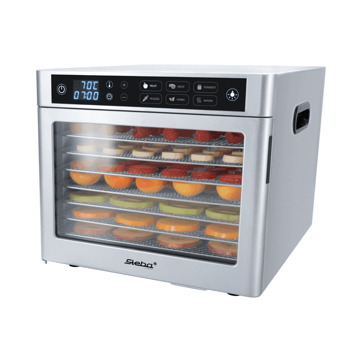 Dörrautomat von Steba mit mehreren Einschüben, digitalem Display und Temperaturregelung, ideal zum Trocknen von Lebensmitteln.