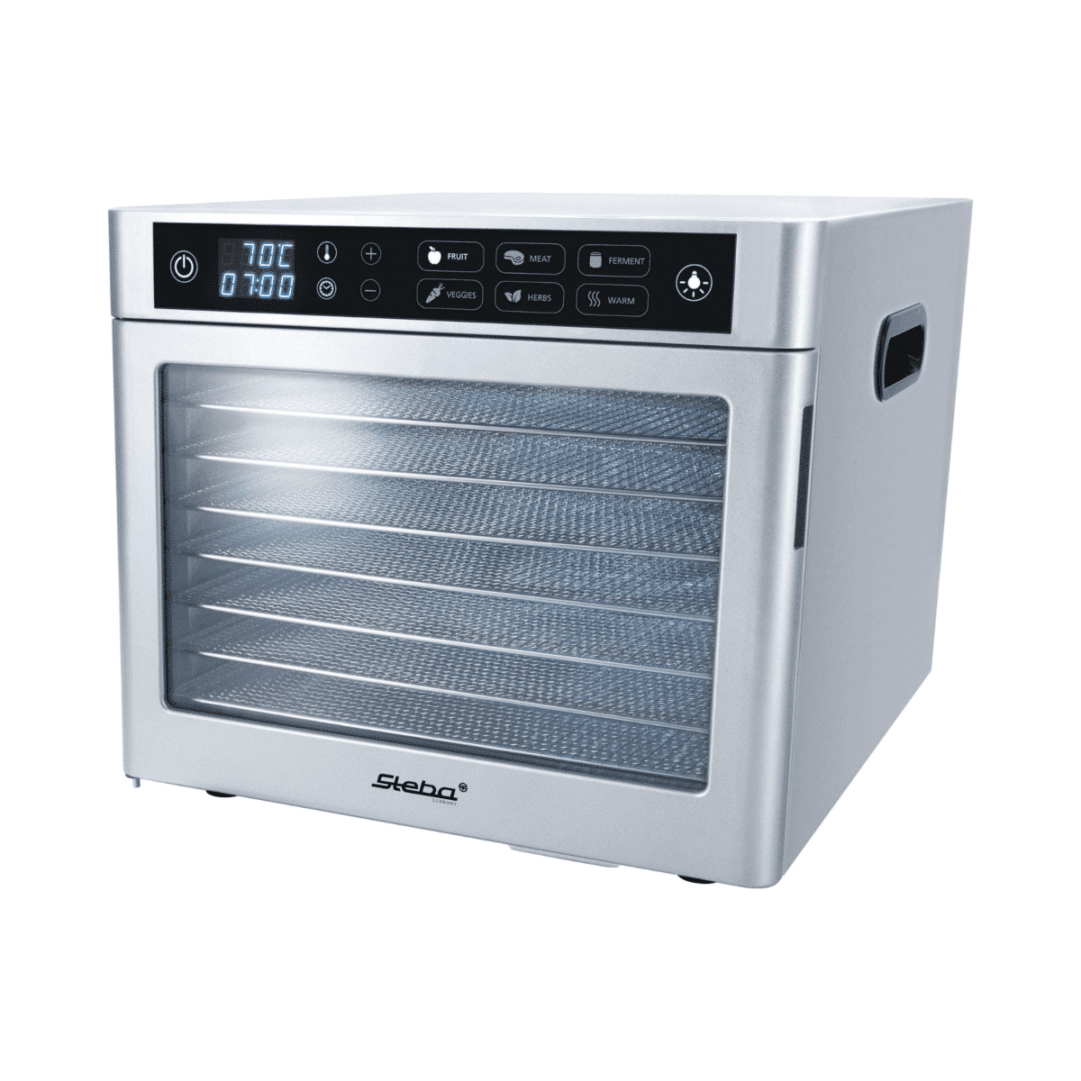 Steba ED80 Dörrautomat in Silber mit digitalem Display, Temperatur- und Zeitregelung, ideal zum Trocknen von Lebensmitteln.