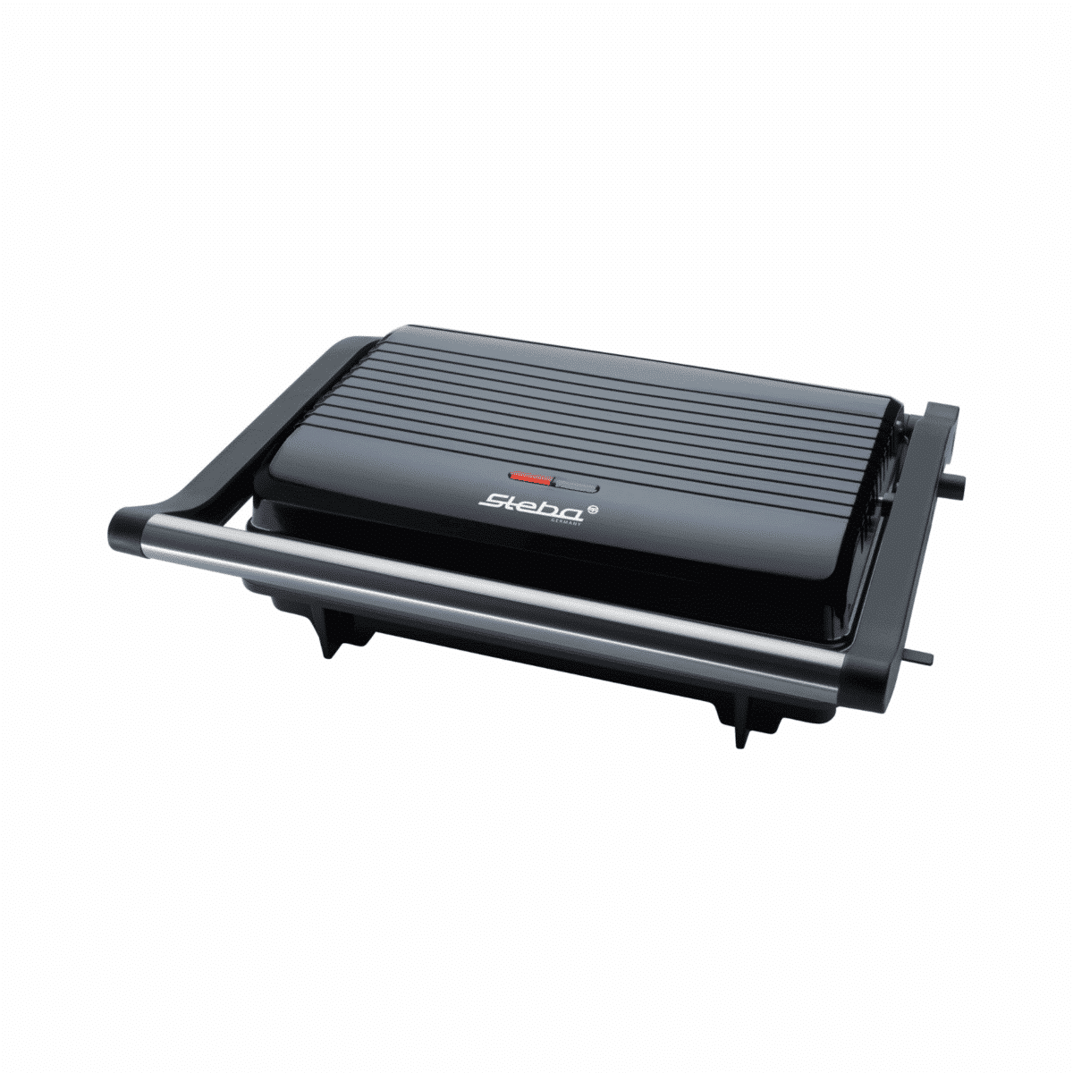 Kontaktgrill von Steba mit geriffelter Grillplatte, schwarzem Gehäuse und Edelstahlgriffen für eine gleichmäßige Grilltemperatur.