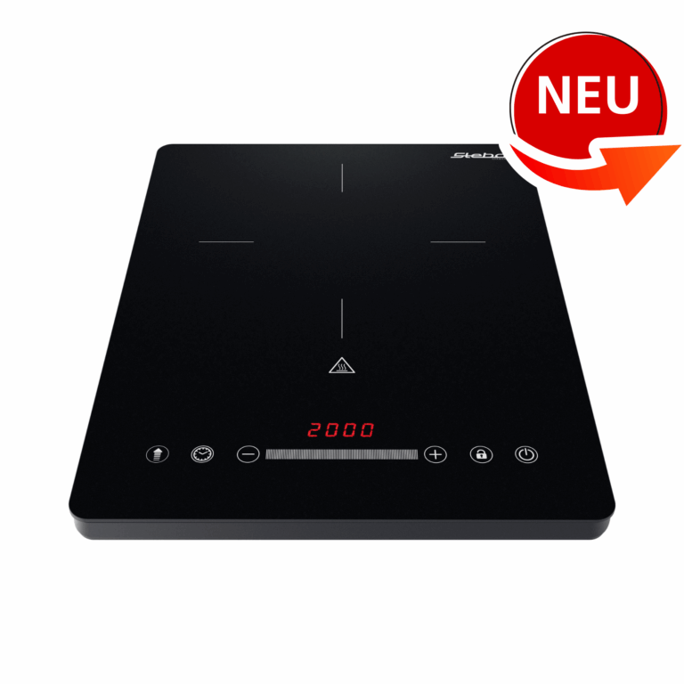 Induktionskochfeld von Steba, schwarz, 2000 Watt, mit Touch-Bedienfeld und digitaler Anzeige. Neuheit im Sortiment.