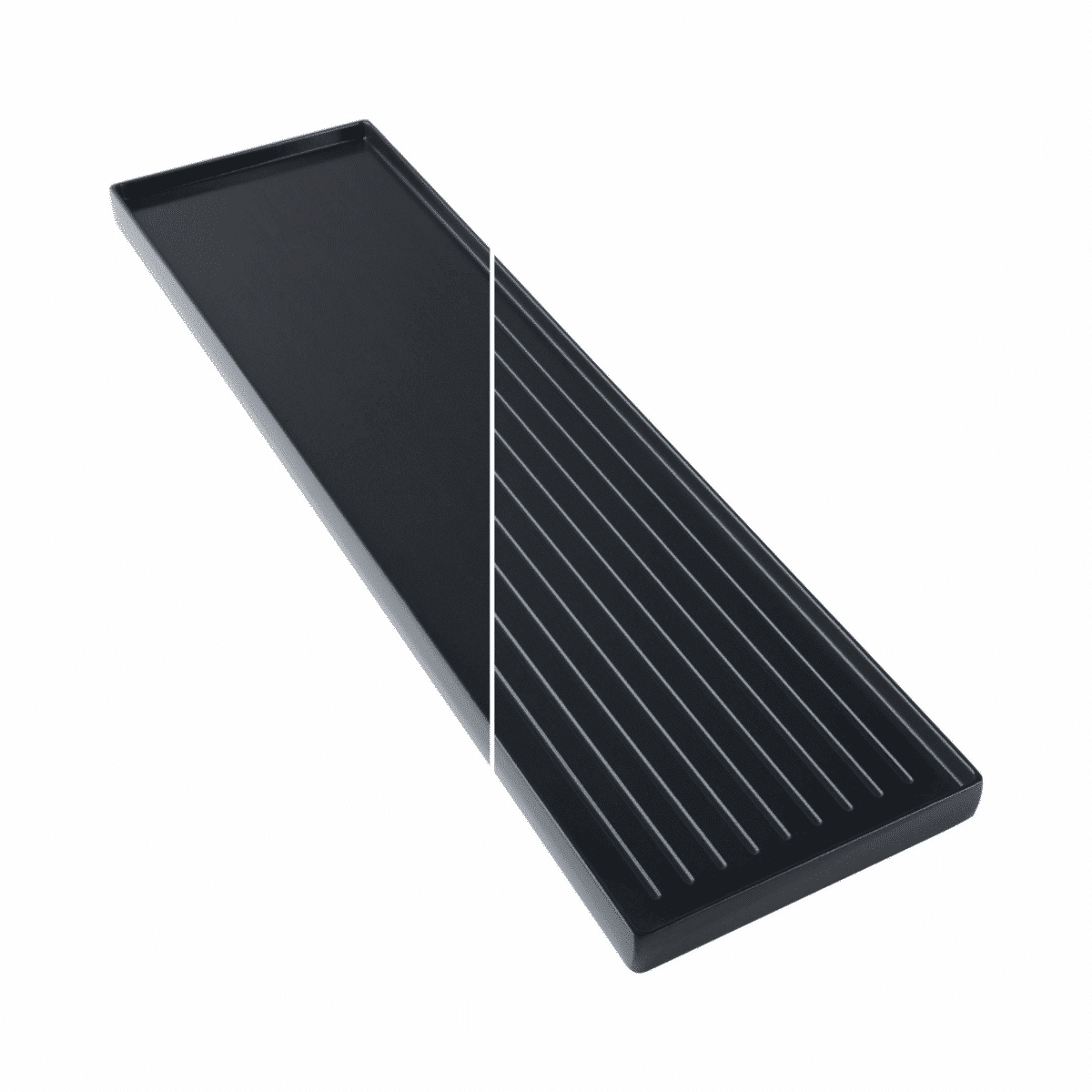 Schwarze Racletteplatte von Steba, rechteckig mit glatter und gerillter Oberfläche für vielseitige Grillanwendungen.