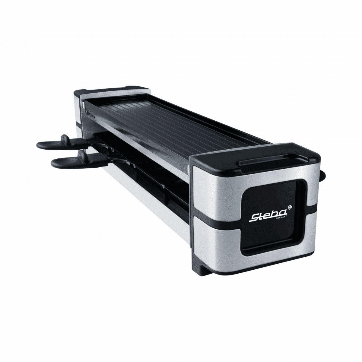 Steba Raclette-Grill RC140 mit Edelstahloberfläche, zwei integrierten Pfannen und Grillfläche für geselliges Kochen.