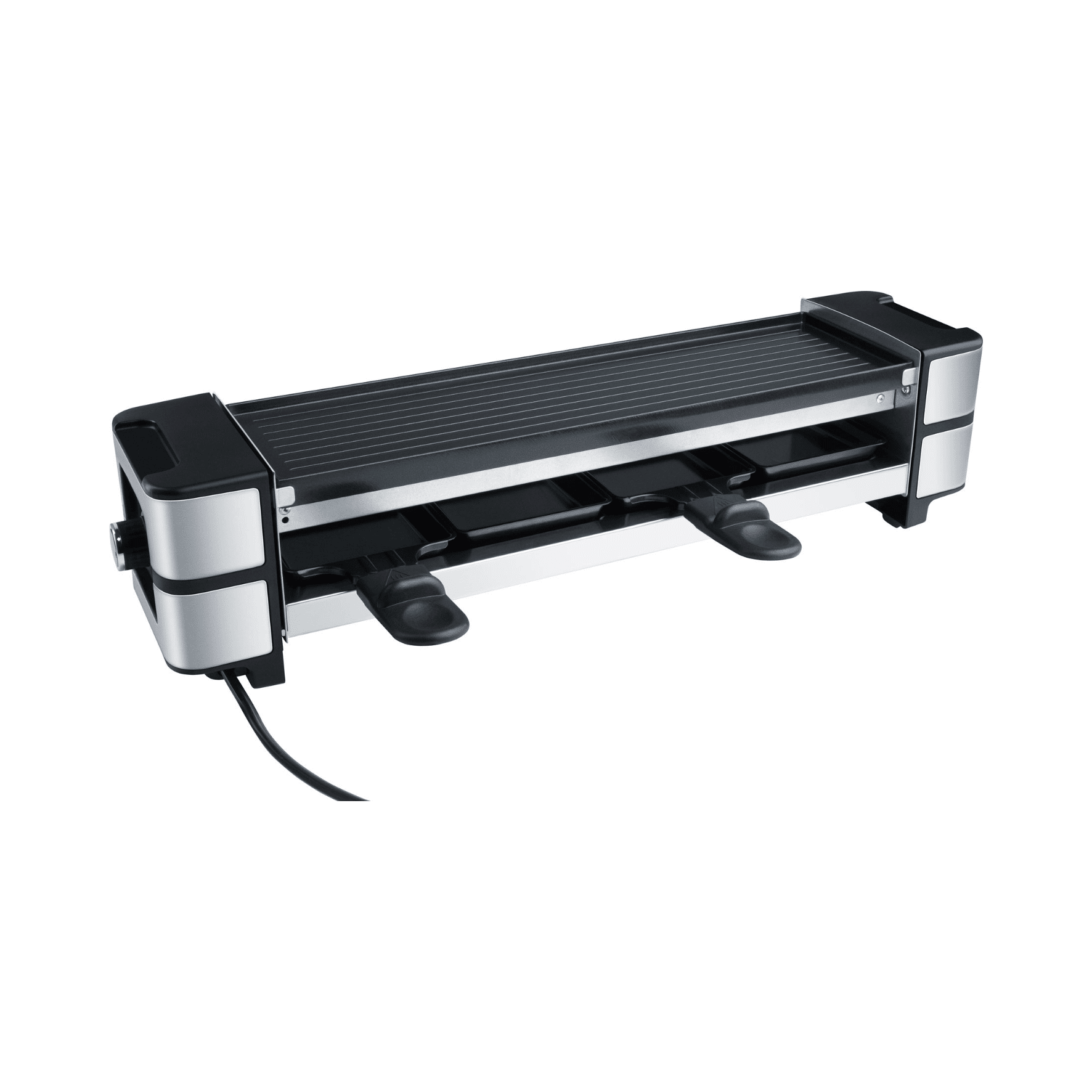 Steba Raclette-Grill RC140 mit zwei Pfännchen und geripptem Grillbereich, elegant in Schwarz und Silber, ideal für gesellige Abende.