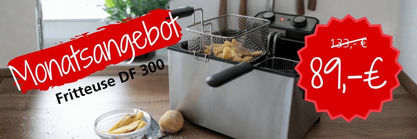 Fritteuse DF 300 von Steba mit einem Korb voller Pommes, Rabatt von 133 € auf 89 € im Monatsangebot.