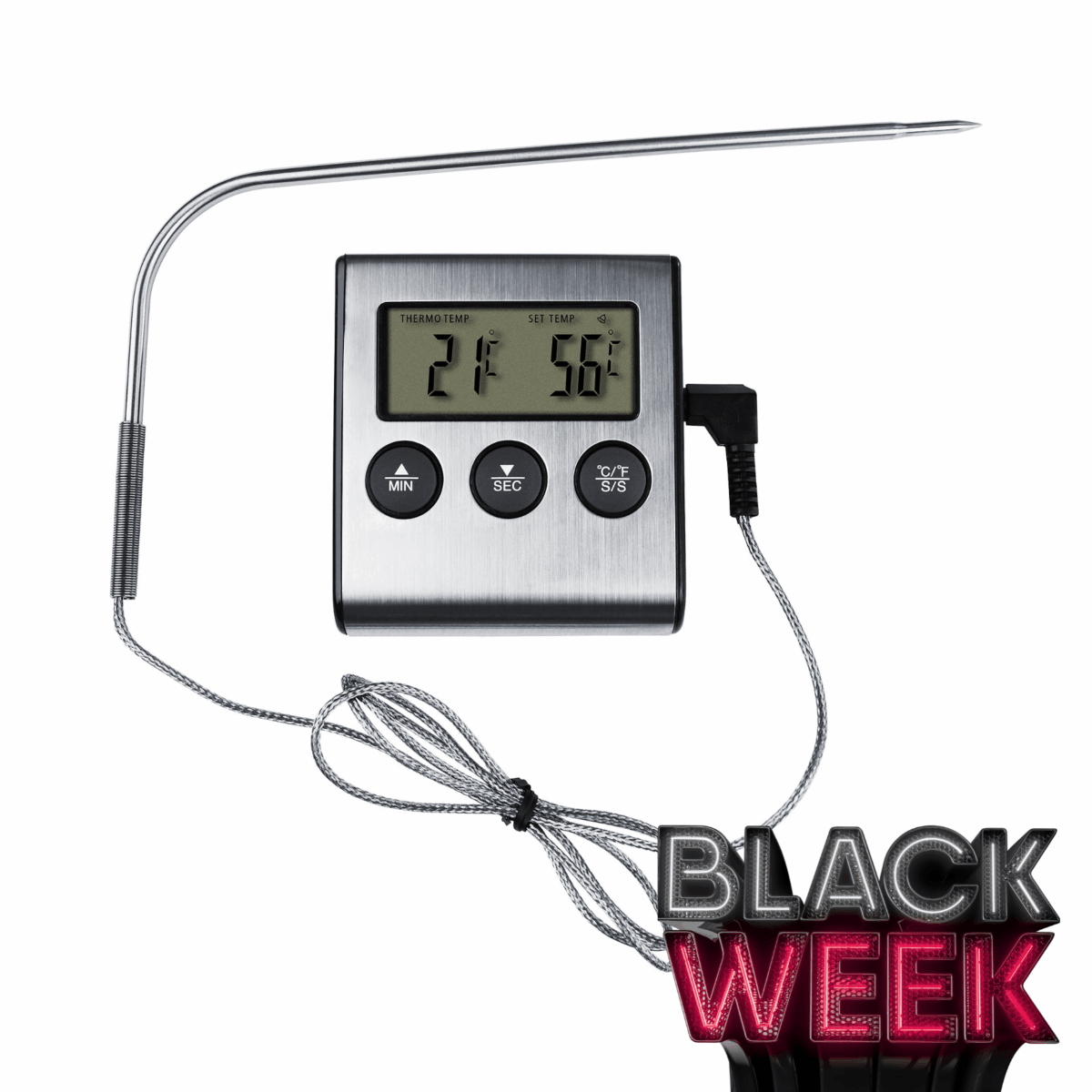 Digitales Fleischthermometer von Steba mit Edelstahl-Sonde, Display für Temperaturanzeigen und Funktionstasten.