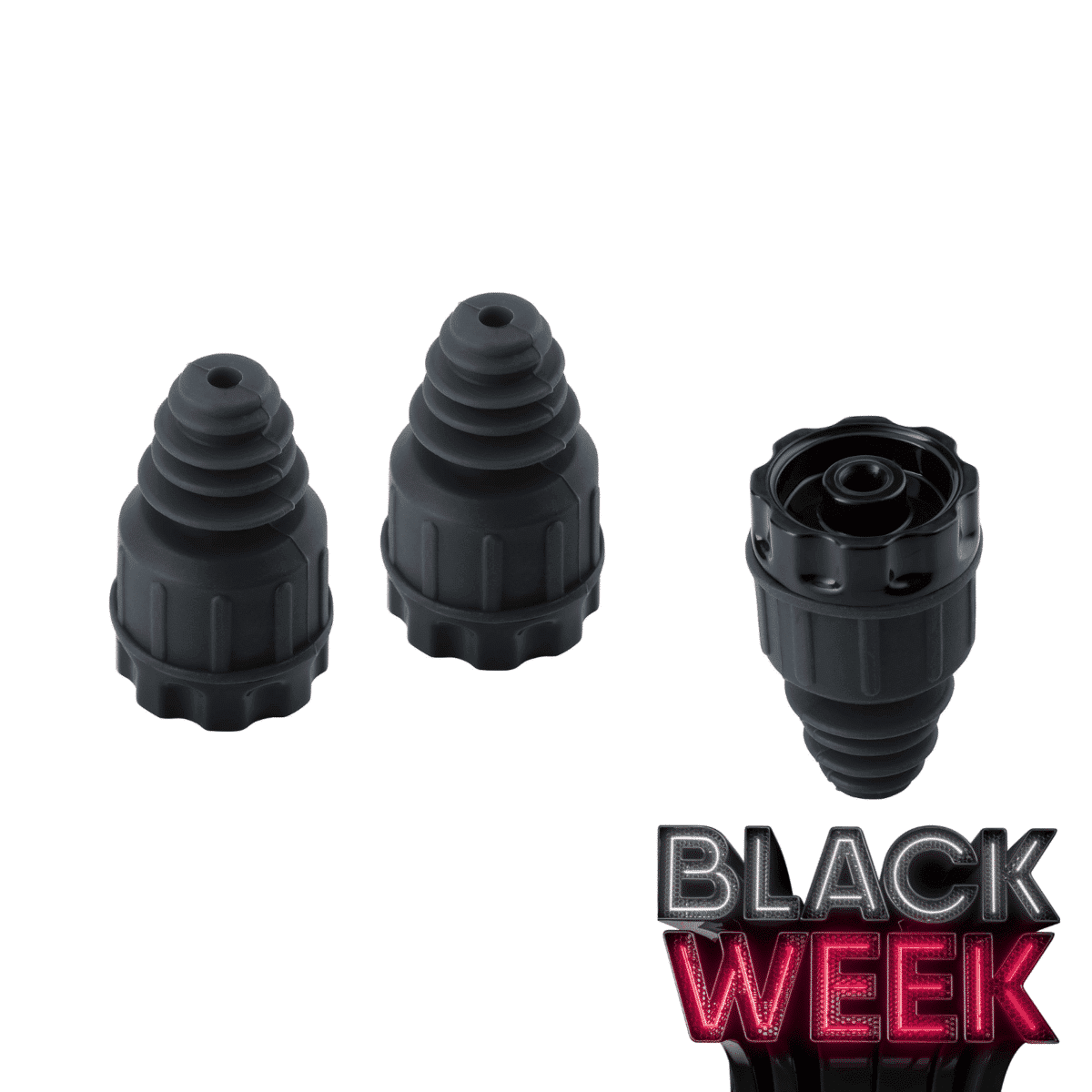 Drei schwarze Silikonkappen für Flaschen, ideal für vielseitige Anwendungen.