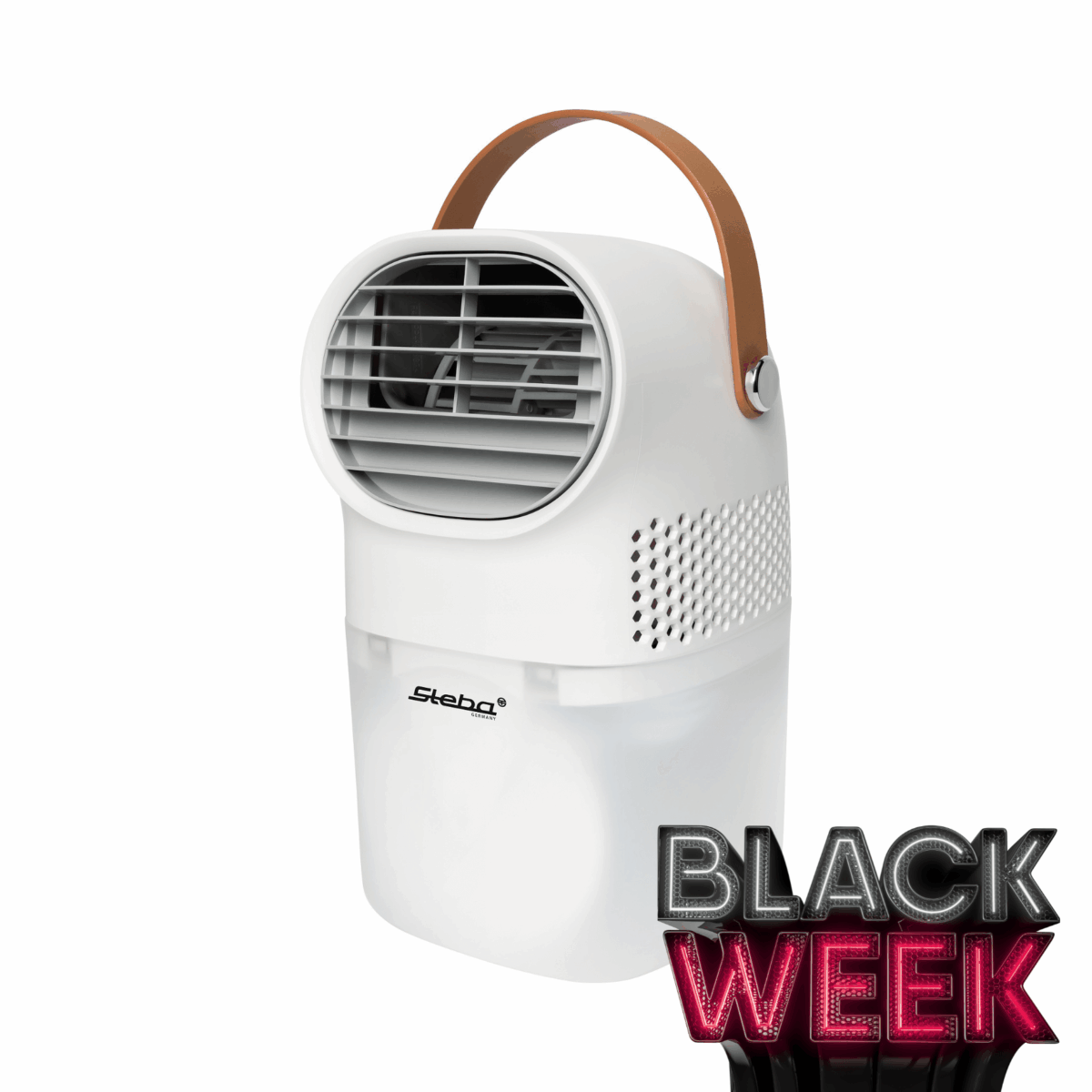 Tragbarer Steba Ventilator in Weiß mit Ledergriff, ideal für frische Luft und optimalen Komfort.