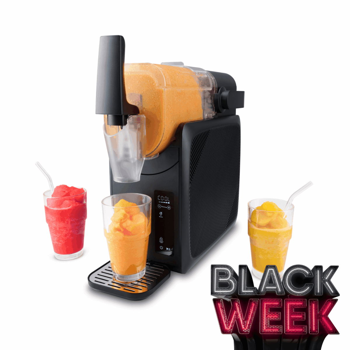 Slush-Eismaschine von Steba mit zwei Getränken in Gläsern. Orange und rot gefärbte Eismischungen, moderne Bedienoberfläche.