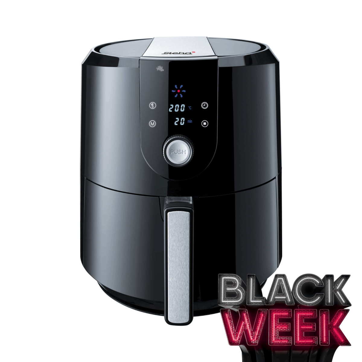 Schwarze Heißluftfritteuse HF5000 von Steba mit digitalem Display, Temperaturregler bis 200 °C und Zeitschaltuhr.
