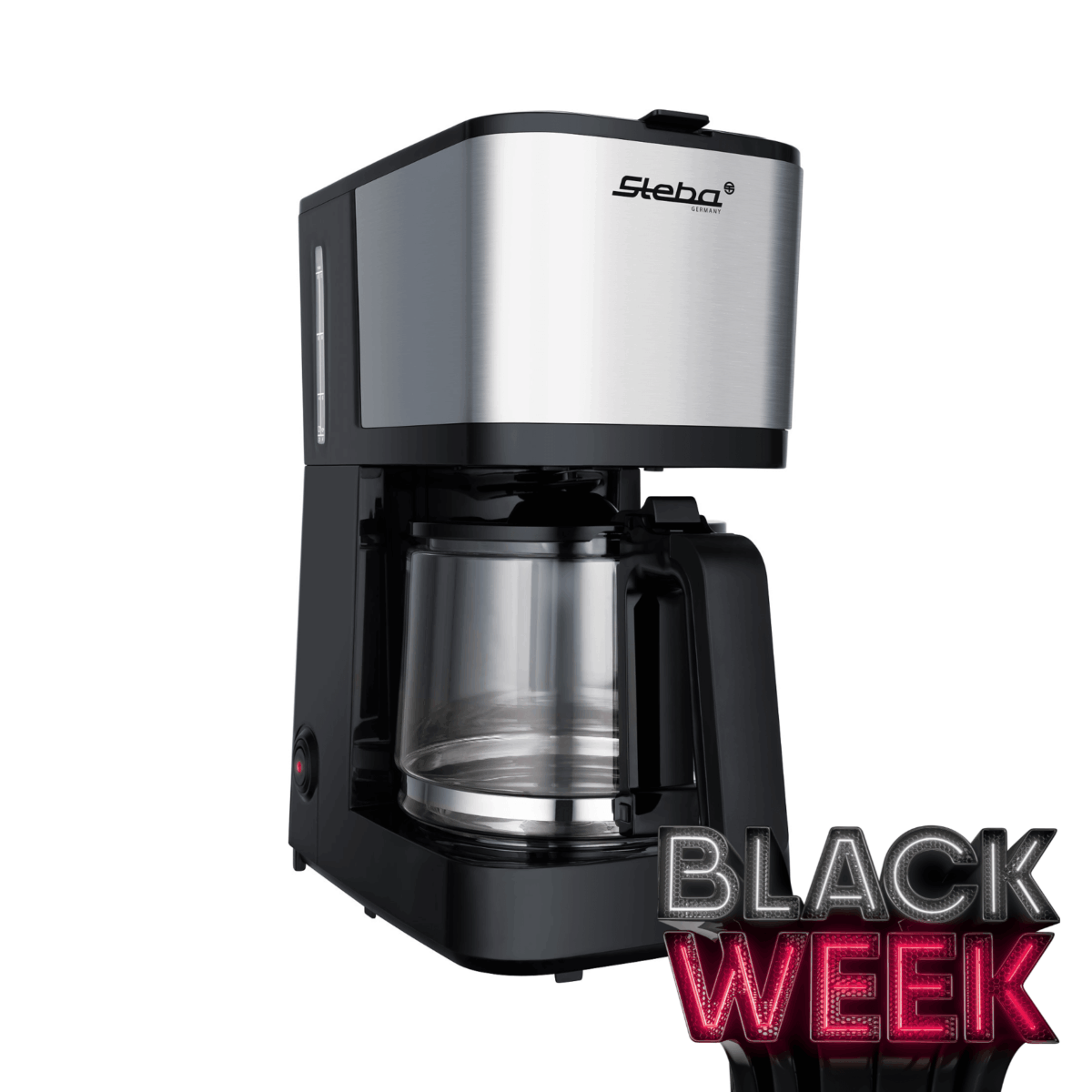 Kaffeemaschine Steba KMF2 in Schwarz mit Edelstahl-Elementen und Glaskanne, ideal für die Zubereitung von Filterkaffee.