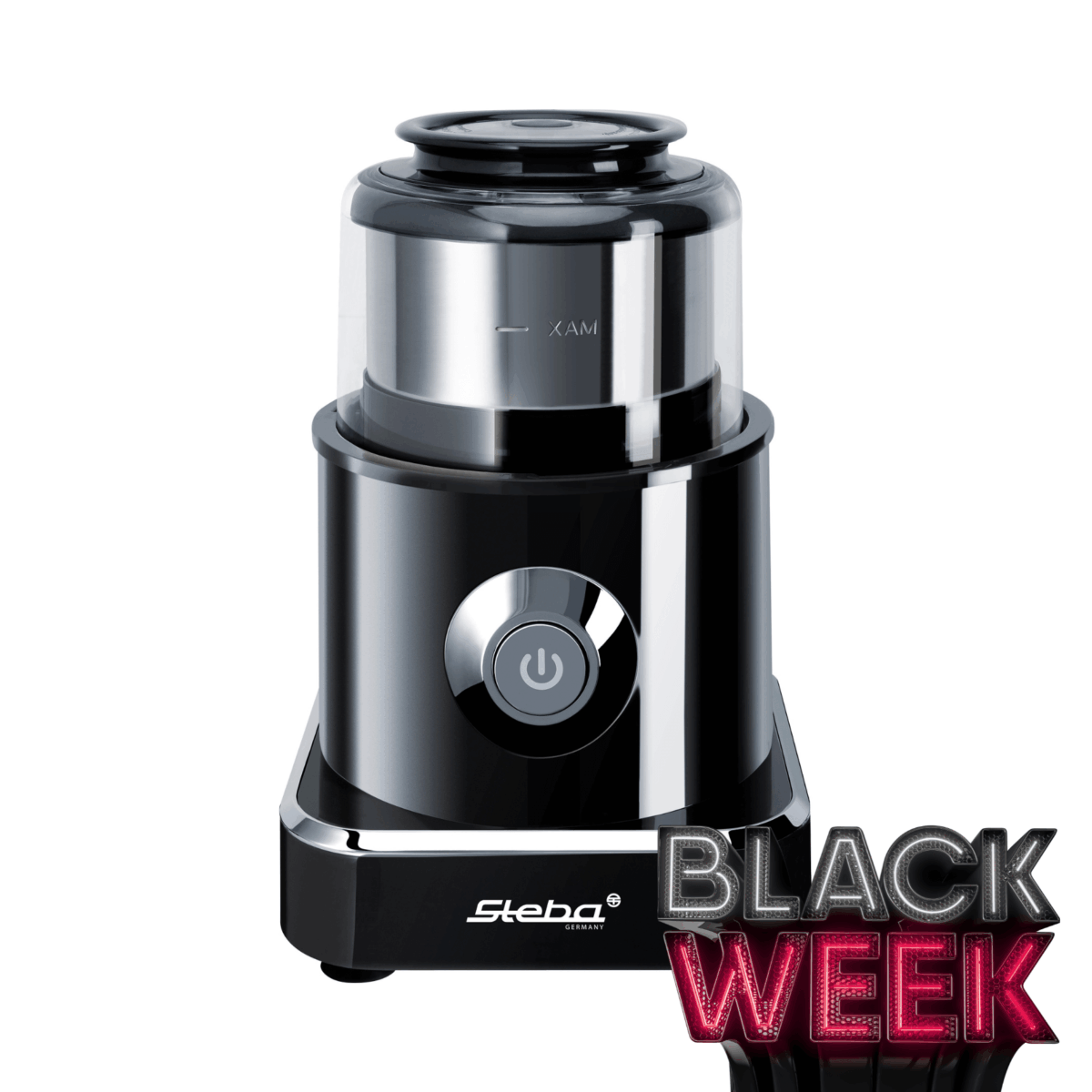 Steba MG 500: eleganter elektrischer Mühle mit schwarzem Gehäuse, Edelstahlbehälter und zentralem Einschaltknopf.