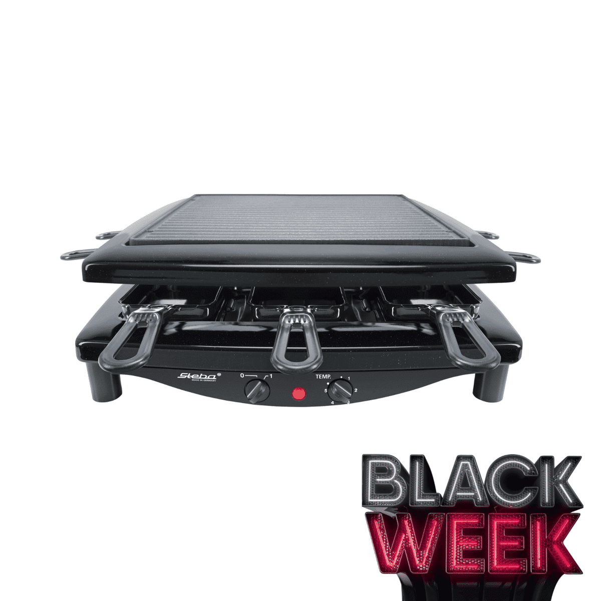 Steba Raclette-Grill mit 8 Pfännchen und antihaftbeschichteter Grillfläche. Ideal für gesellige Abende.