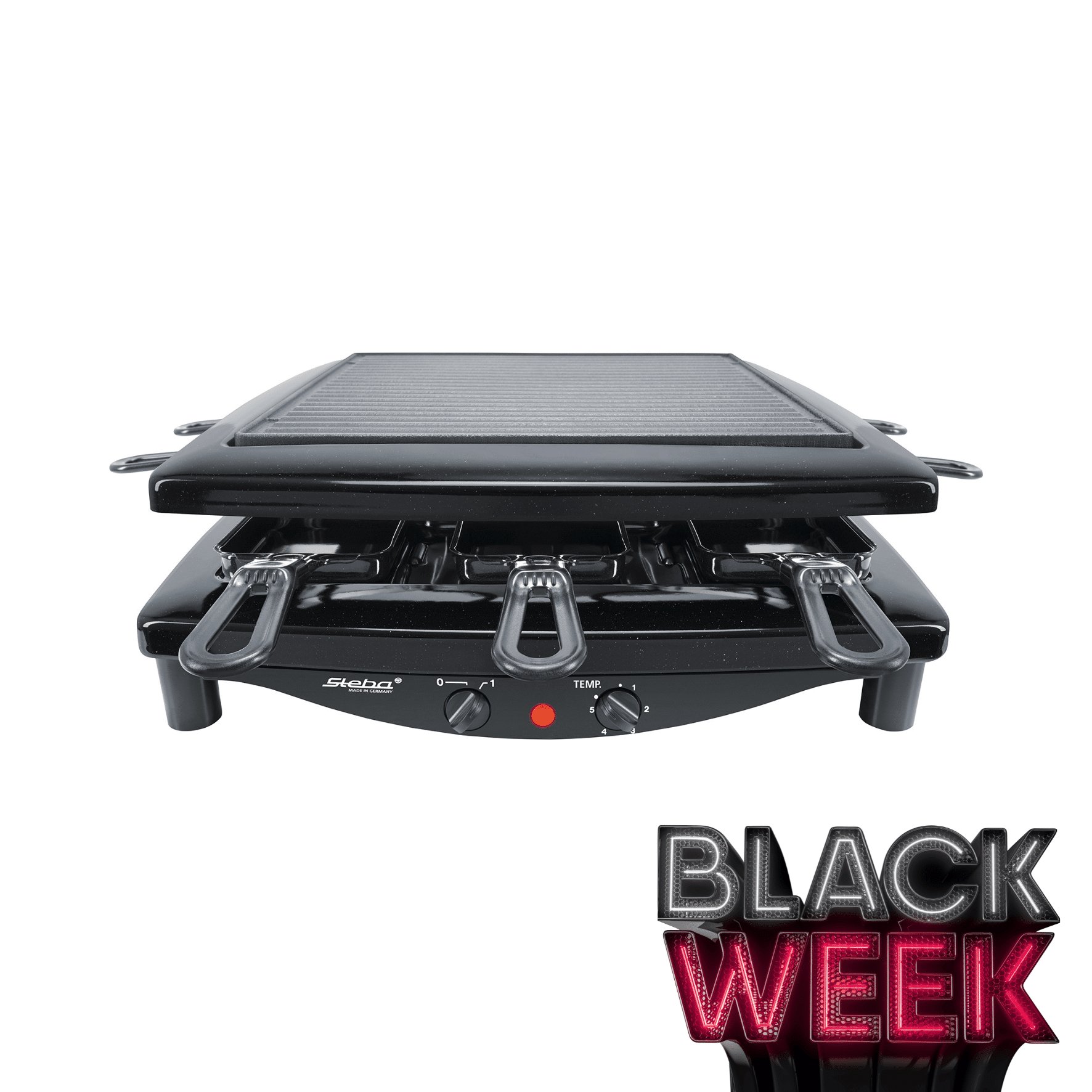 Steba Raclette-Grill mit 8 Pfännchen und antihaftbeschichteter Grillfläche. Ideal für gesellige Abende.