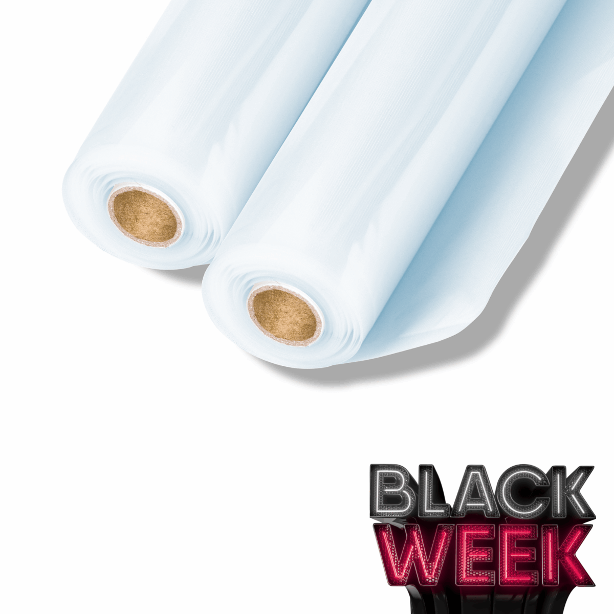 Zwei Rollen transparenter Folie, jeweils 22 cm x 500 m, ideal für Vakuumverpackungen. Black Week Angebot.