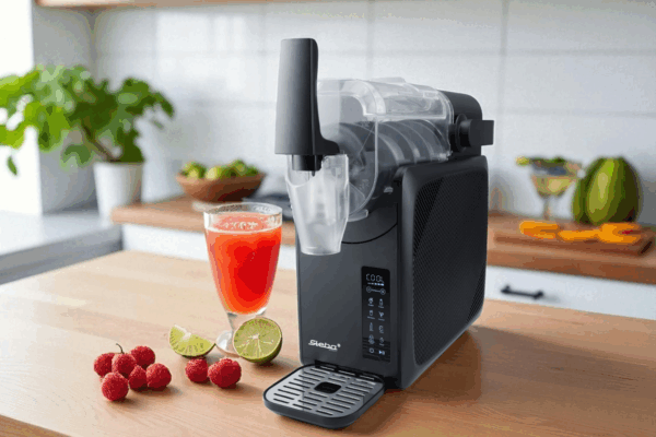 Slush-Maker FDM 2 von Steba auf Küchenarbeitsplatte, daneben ein Slush-Getränk mit Himmbeeren und Limette, unscharfer Küchenhintergrund.