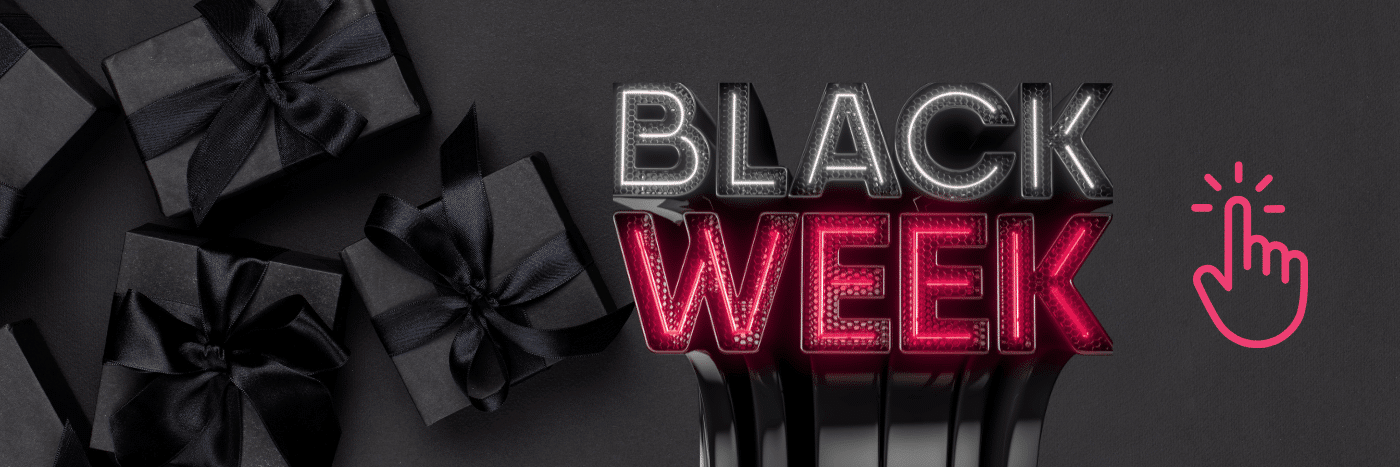 Schwarzer Hintergrund mit Geschenken und leuchtendem Schriftzug "BLACK WEEK". Hinweis auf Sonderangebote.