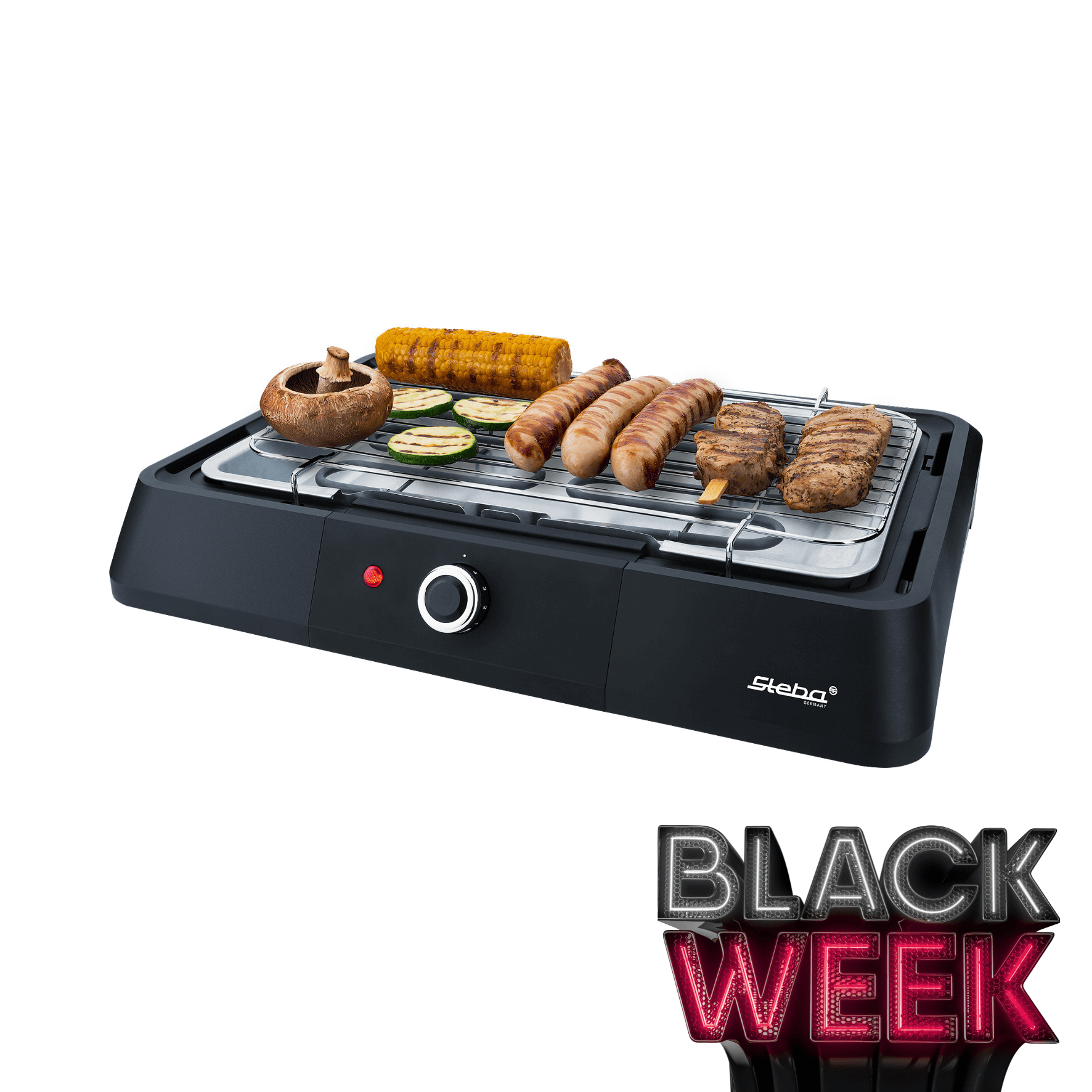 Steba Elektrogrill VGG20 mit Grillrost, auf dem Würstchen, Fleisch und Gemüse zubereitet werden. Ideal für die Black Week.