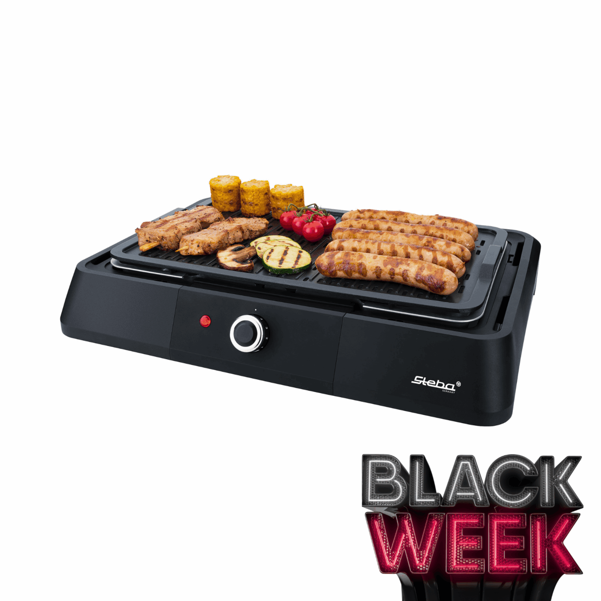 Steba Elektrogrill VGP20 mit Grillfläche, belegt mit Fleisch, Würstchen und Gemüse. Temperaturregler und Kontrollleuchte sichtbar.