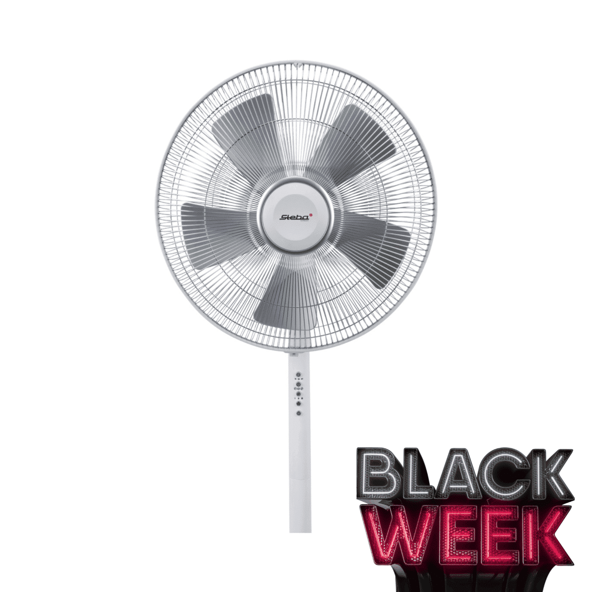 Steba VT5 Standventilator mit fünf Blättern, verstellbarer Höhe und Fernbedienung. Black Week Angebot.