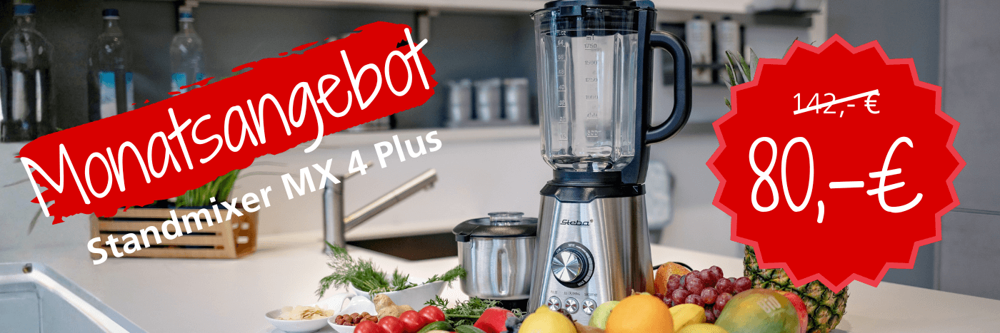 Standmixer MX 4 Plus von Steba, im Angebot für 80 € statt 142 €, umgeben von frischem Obst und einer modernen Küche.