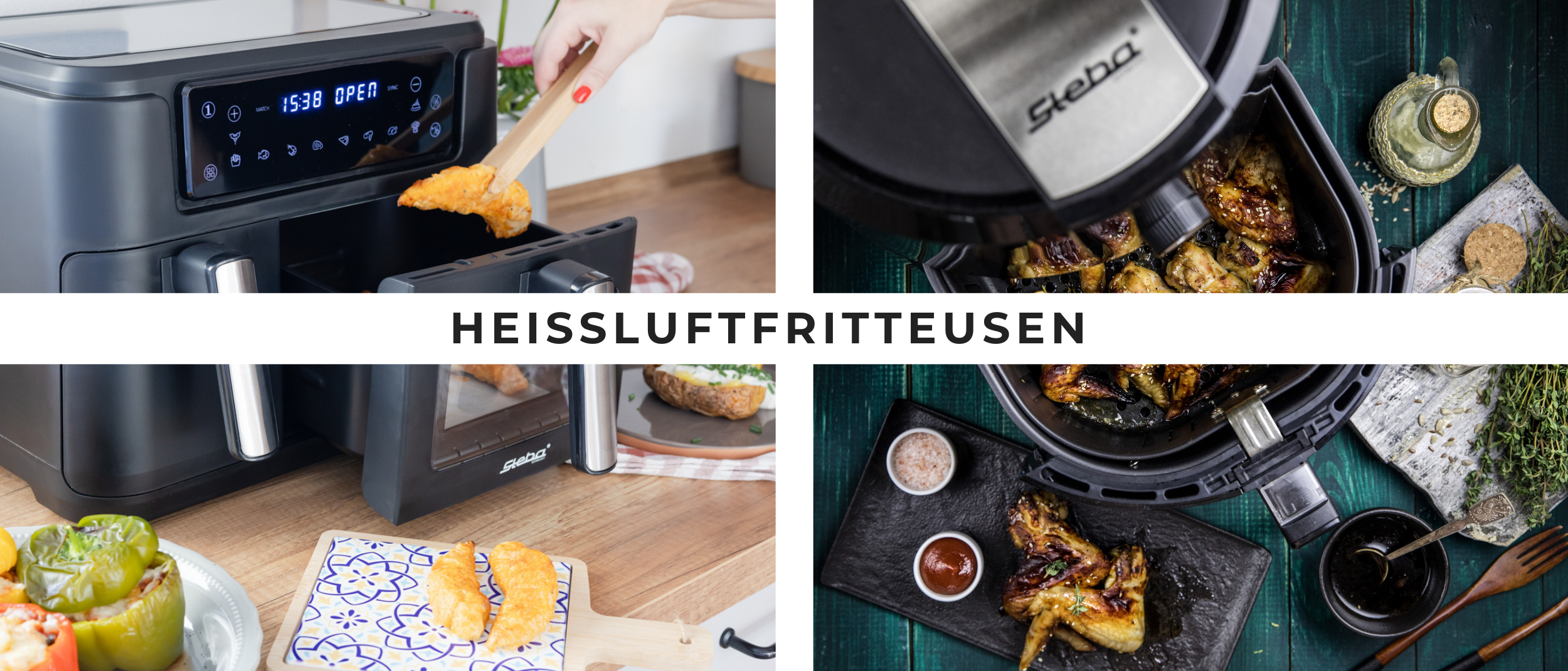 Einstiegsbild, das zwei Heißluftfritteusen, die HF 9500 und die HF 5000, der Firma Steba im Einsatz zeigt. Die Mitte der Bildes ziert der Schriftzug Heißluftfritteusen.