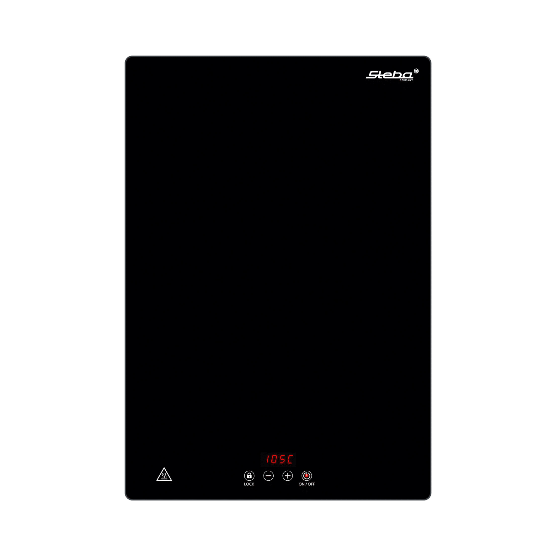 Schwarze Warmhalteplatte von Steba mit digitalem Display, Temperaturanzeige bis 105 °C und Touch-Bedienelementen.