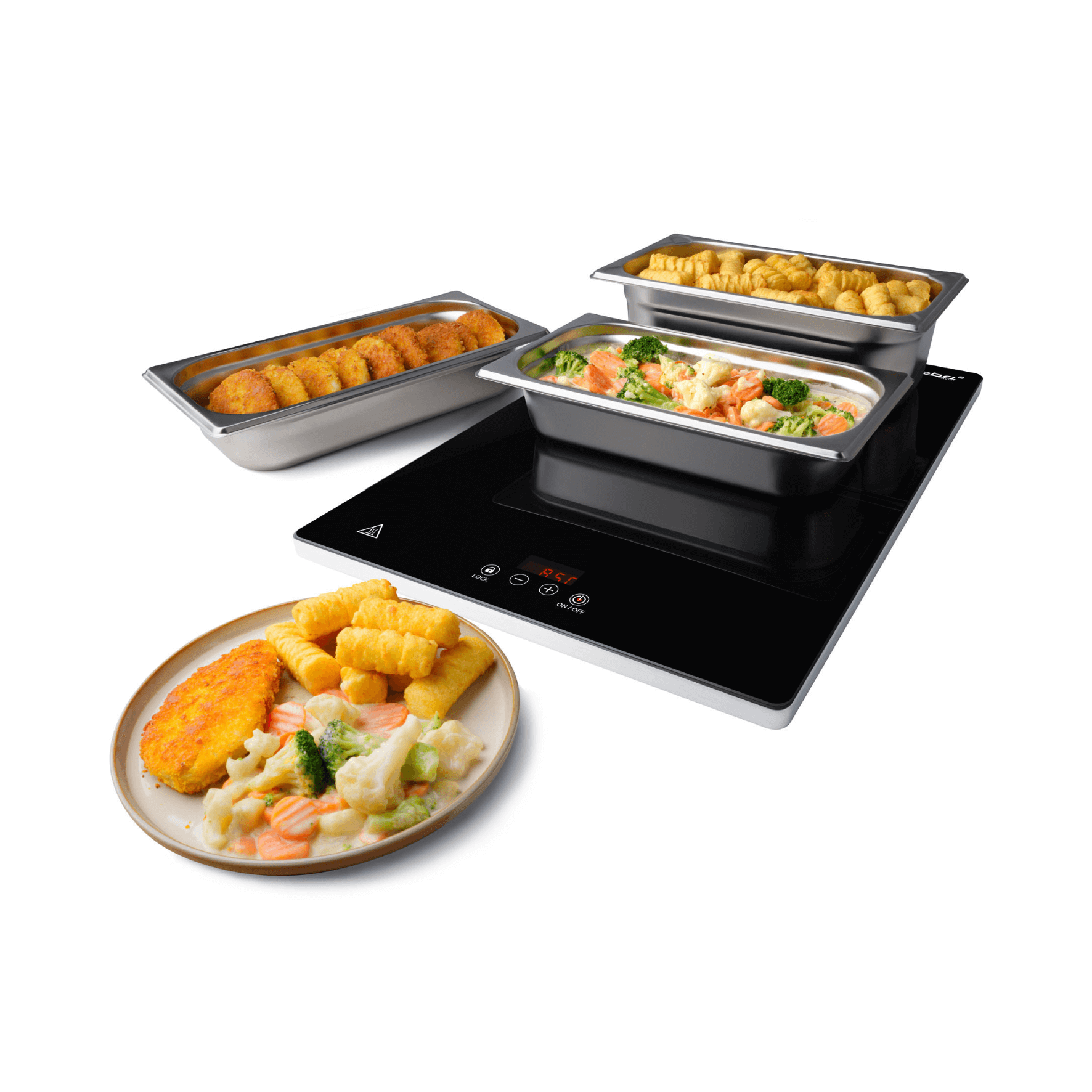 Warmhalteplatte von Steba mit mehreren Edelstahlbehältern, ideal zum Warmhalten von Speisen. Elegantes Design und einfache Bedienung.