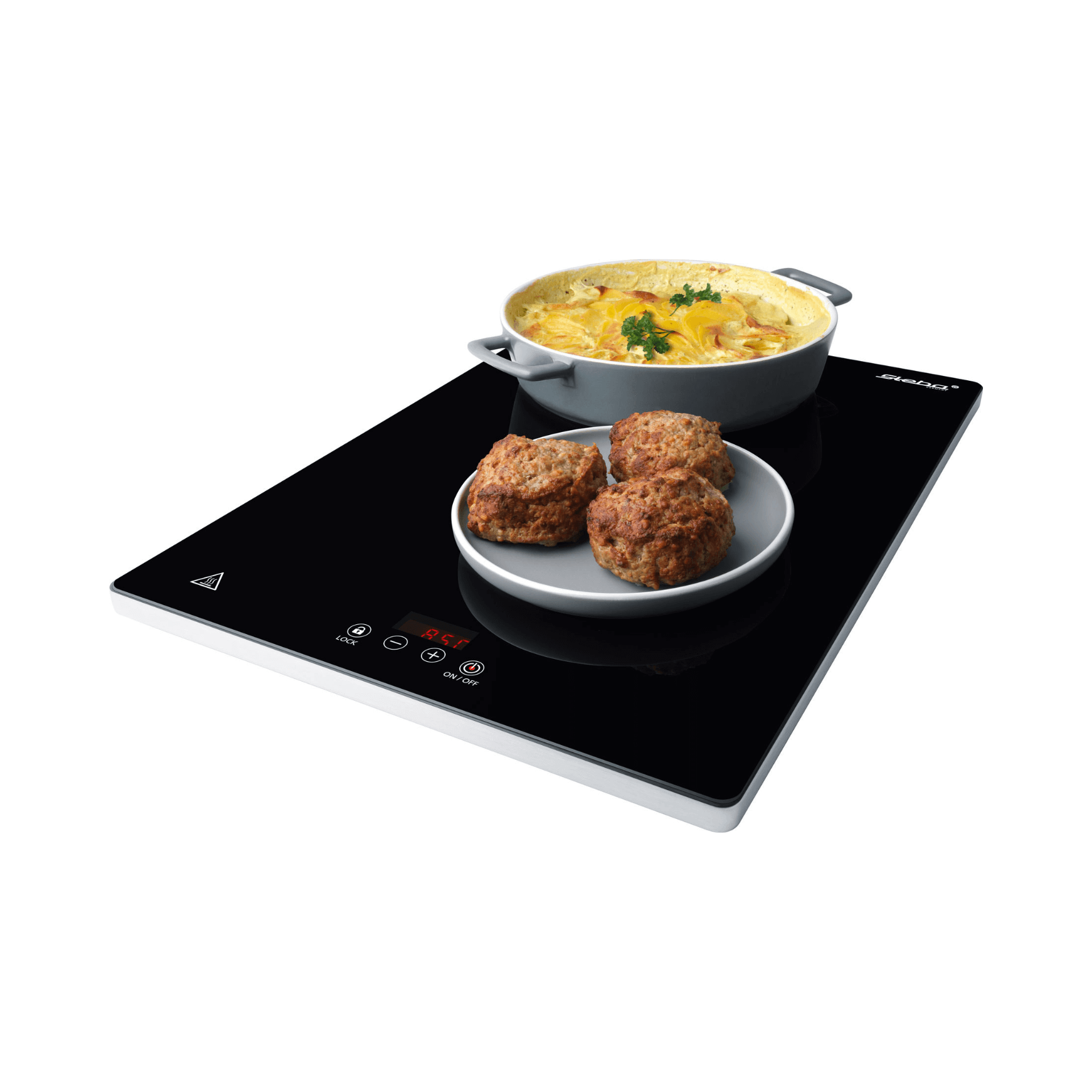 Warmhalteplatte von Steba mit digitaler Steuerung, auf der ein Topf mit Nudeln und ein Teller mit Fleischbällchen stehen.