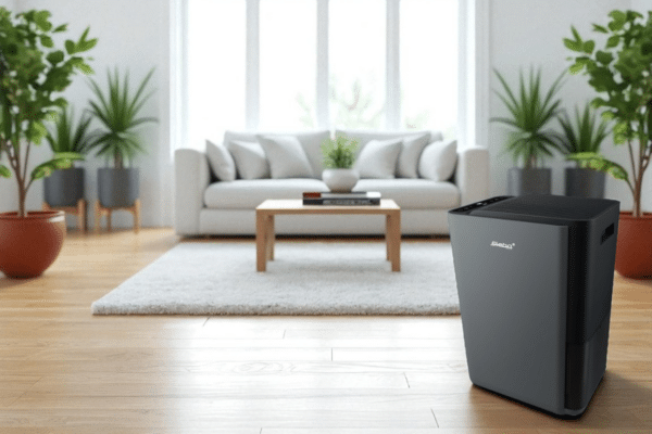 Abbildung zeigt den uftentfeuchter LE 200 von Steba in einem Wohnzimmer plaziert. Im Hintergrund befindet sich ein modernes Wohnzimmer mit Sofa, Pflanzen und einem Beistelltisch.