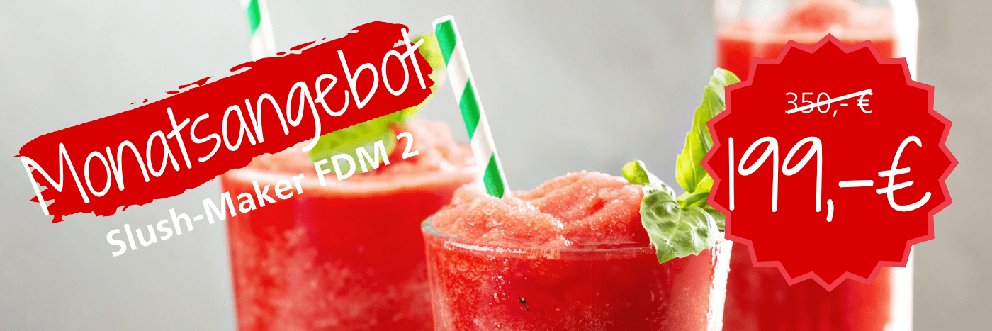 Slush-Maker FDM 2 im Monatsangebot für 199,- € statt 350,- €. Drei Gläser mit Slush-Getränk und grünen Strohhalmen.