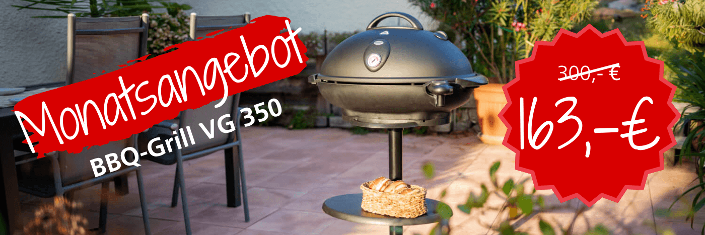 Monatsangebot für den Steba BBQ-Grill VG 350, jetzt für 163 € statt 300 €, abgebildet im Garten.
