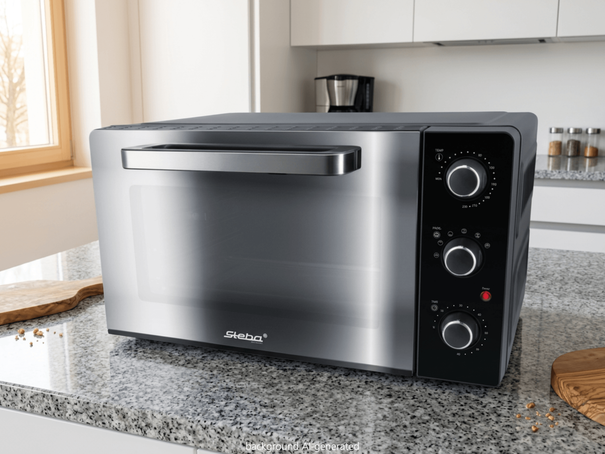 Grillbackofen KB 238 BLACK STEEL auf einer grauen Küchentheke stehend. Im Hintergrund sieht man verschwommen die Küche.