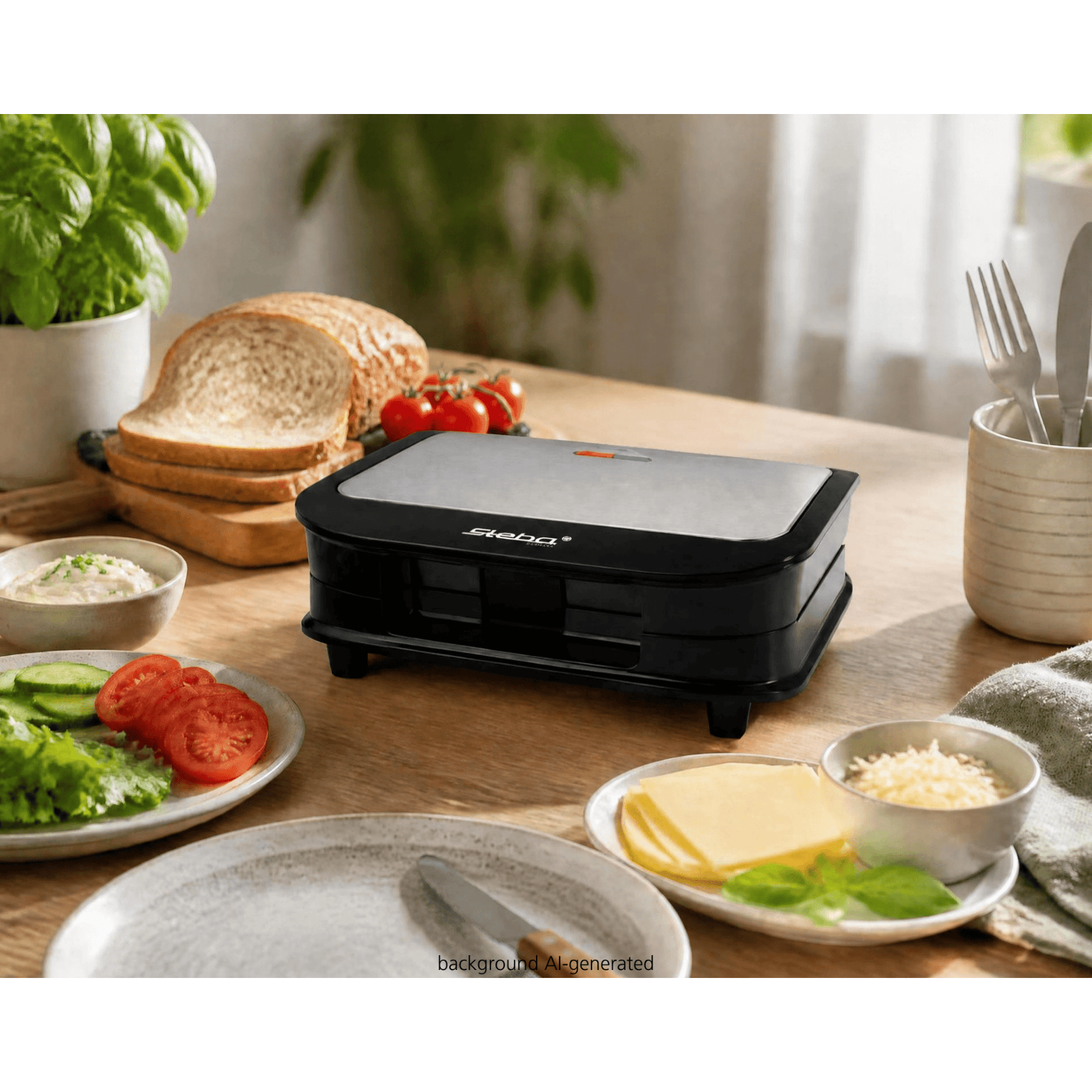 Sandwichmaker von Steba, Modell SG25, in Schwarz mit Silber, umgeben von frischen Zutaten wie Gemüse und Brot auf einem Tisch.