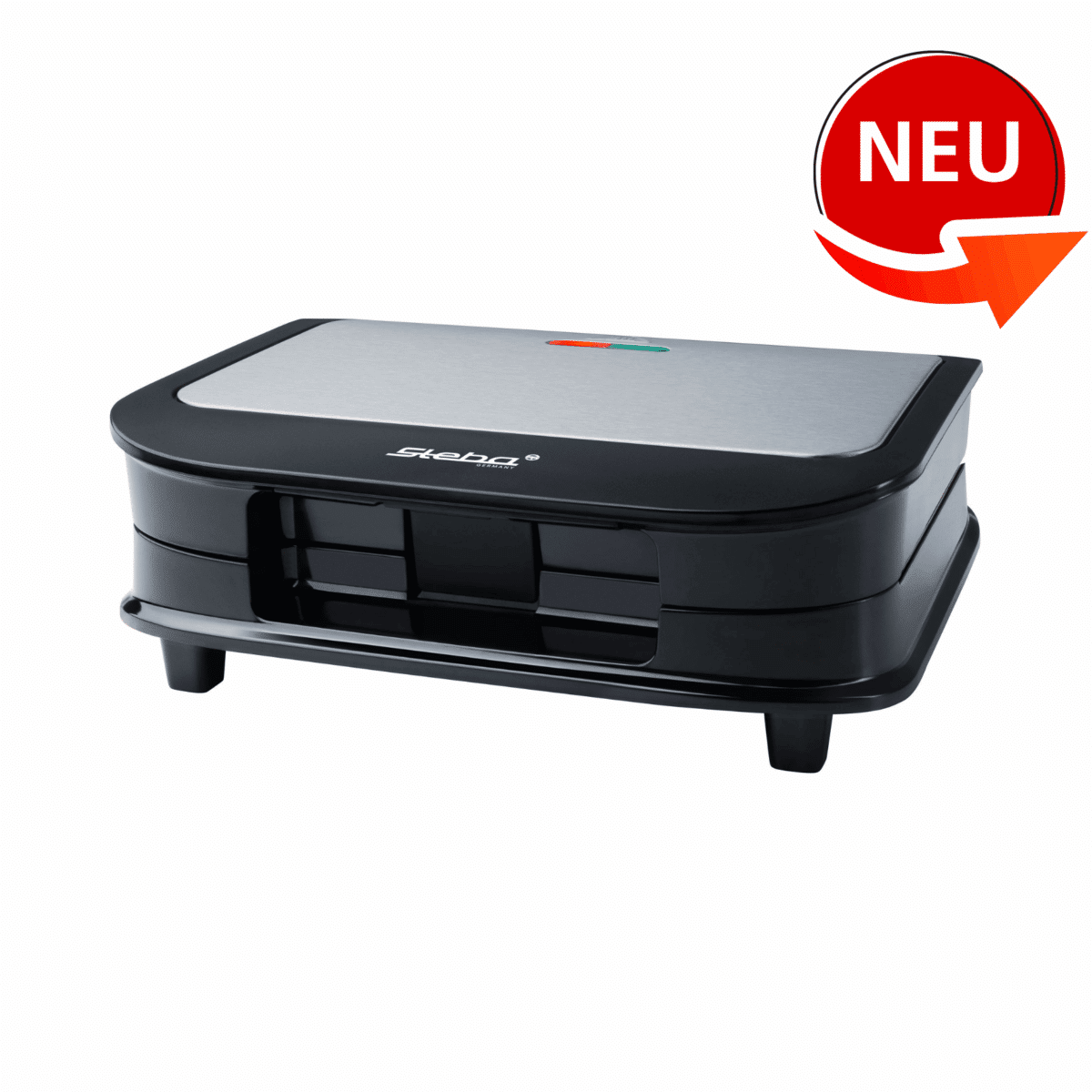Sandwichmaker von Steba mit Edelstahl-Oberfläche, schwarzem Gehäuse und Kontrollleuchten. Neu und funktional.