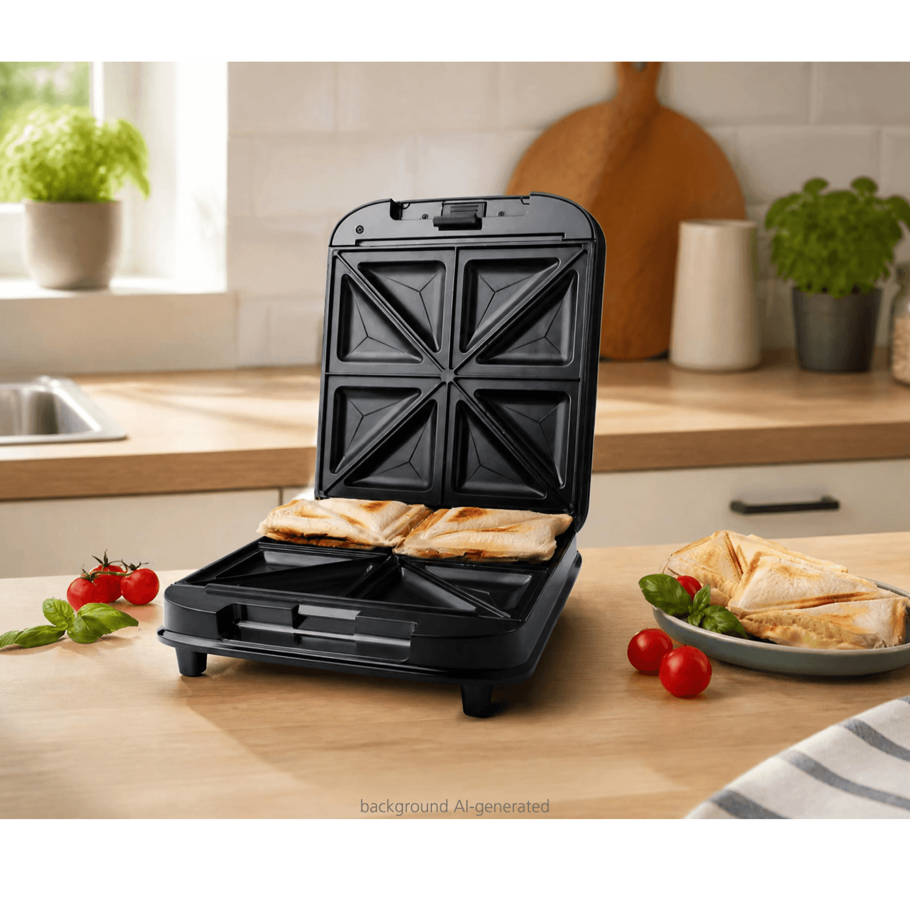 Sandwichmaker von Steba mit zwei Fächern, geöffnet, mit gegrillten Sandwiches. Schwarz, auf einer Holzoberfläche platziert.