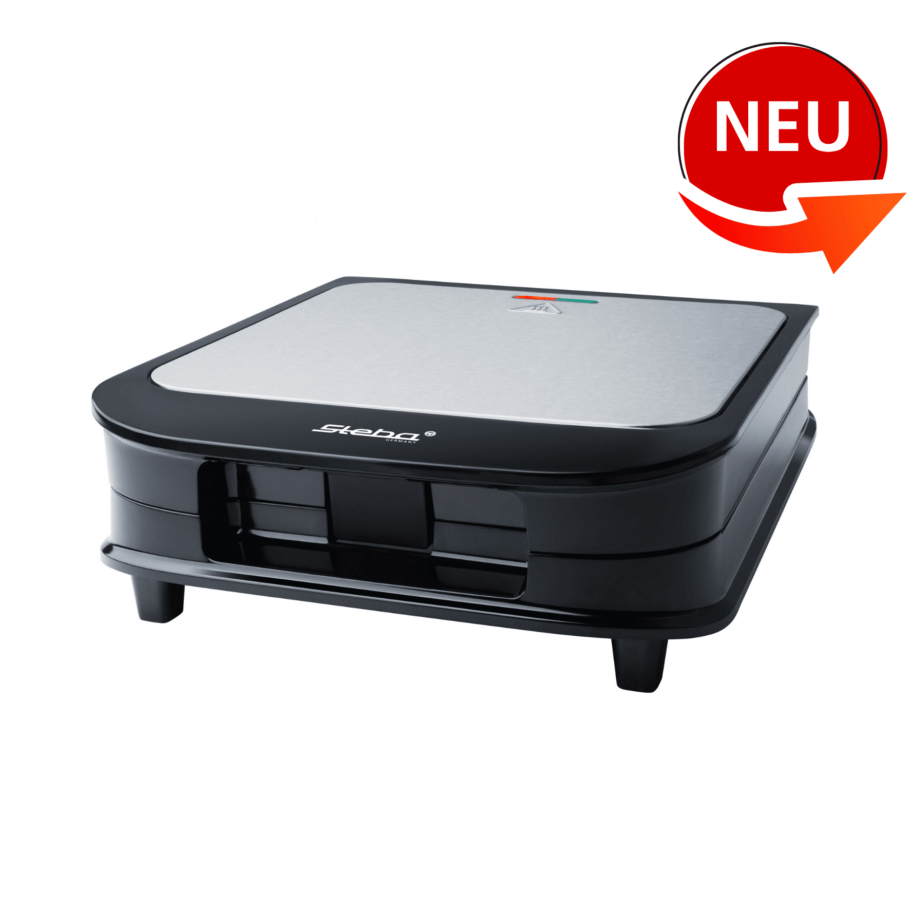 Sandwichmaker von Steba mit Edelstahl-Oberfläche und schwarzem Gehäuse. Neuheit mit modernem Design und benutzerfreundlicher Bedienung.