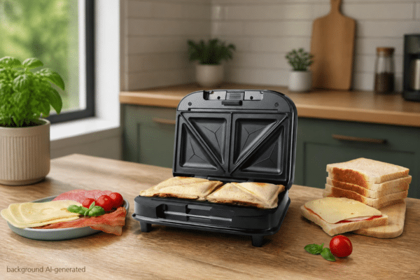 Sandwichmaker SG 25 aufgeklappt auf einer Küchentheke aus Holz stehend, umgeben von Sandwiches und Lebensmitteln wie Brot und Tomaten.