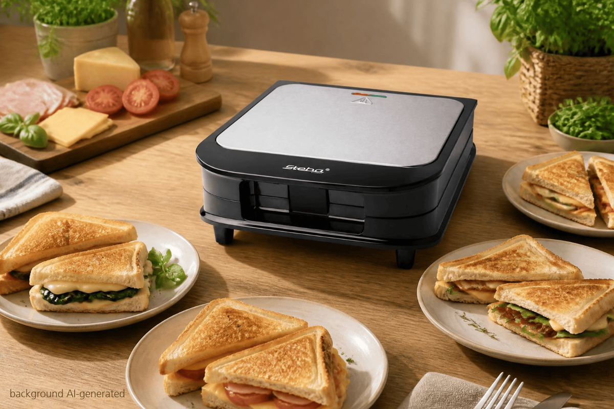 Sandwichmaker SG 50 zugeklappt auf einer Küchentheke aus Holz stehend, umgeben von Sandwiches und Lebensmitteln wie Brot und Tomaten.
